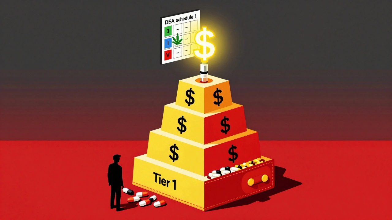 Multi-tiered insurance pyramid with DEA schedule chart above, rendered in bold Polish poster graphic style.