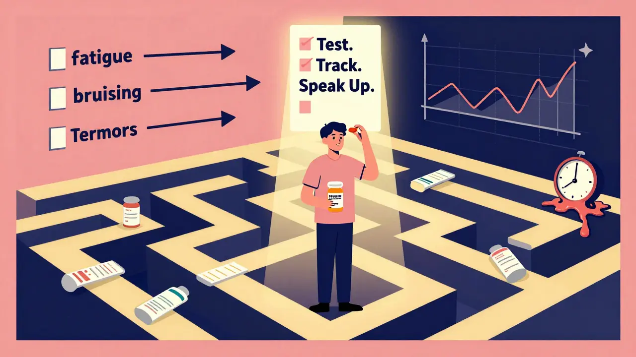 Patient in a maze of prescription labels, leading to a checklist that reads 'Test. Track. Speak Up.'