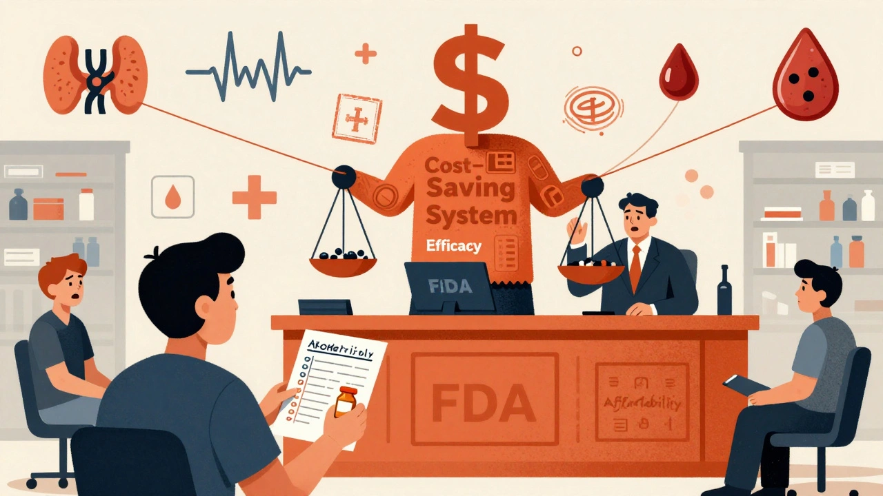 Patient standing against a bureaucratic cost-saving system in a stylized courtroom with medical icons floating above.