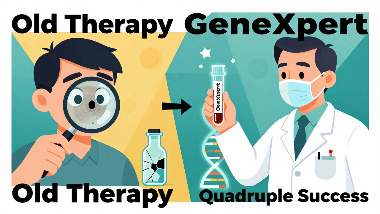 Patient with black stool next to doctor holding molecular test tube, contrasting old and new diagnostics.