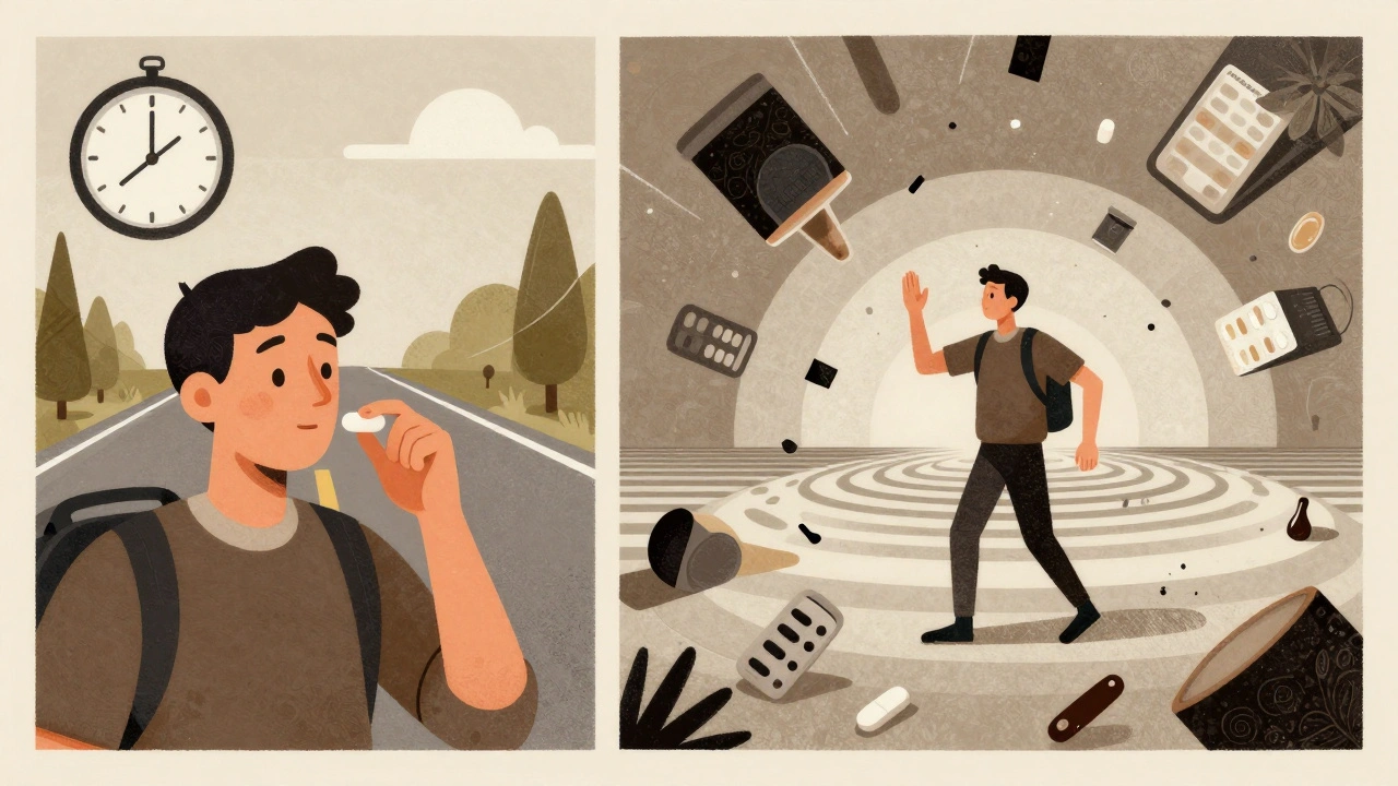 Person taking meclizine before a trip, contrasted with a dizzying chaotic world.