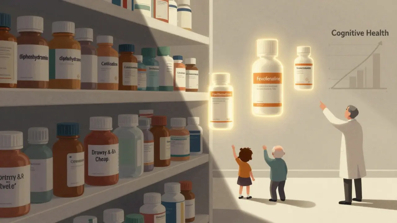 Pharmacy shelf divided between bulky drowsy pills and sleek non-drowsy ones, with a child and elder reaching for the safer option.