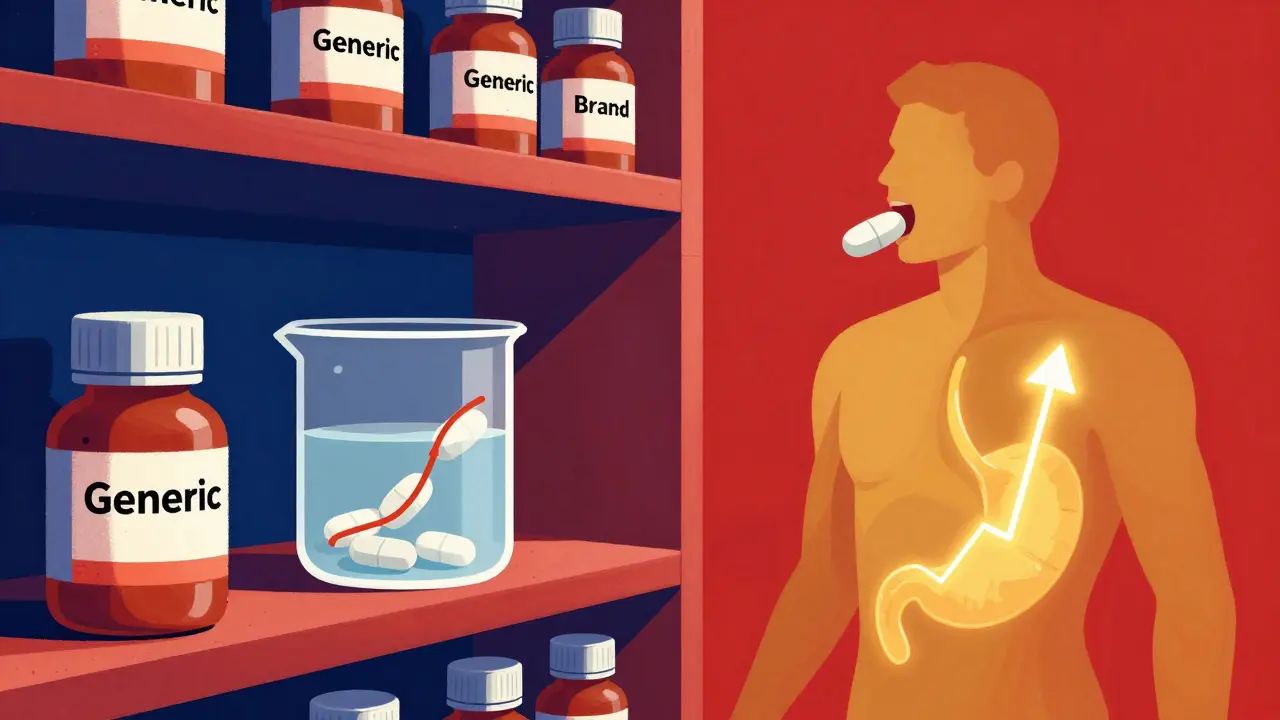Pharmacy shelf with generic and brand pills, one dissolving in a beaker, the other being absorbed by a human silhouette.