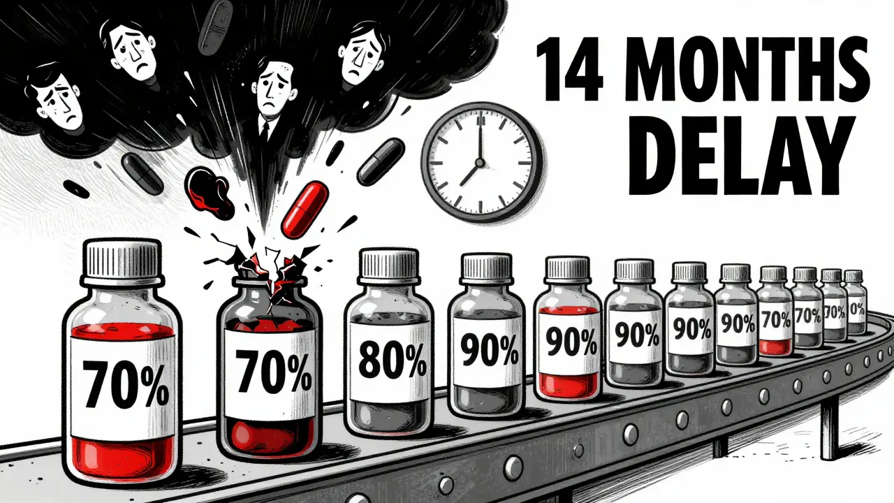 Pill bottles on a conveyor belt cracking open to reveal falling subjects, with a clock ticking toward a 14-month delay.