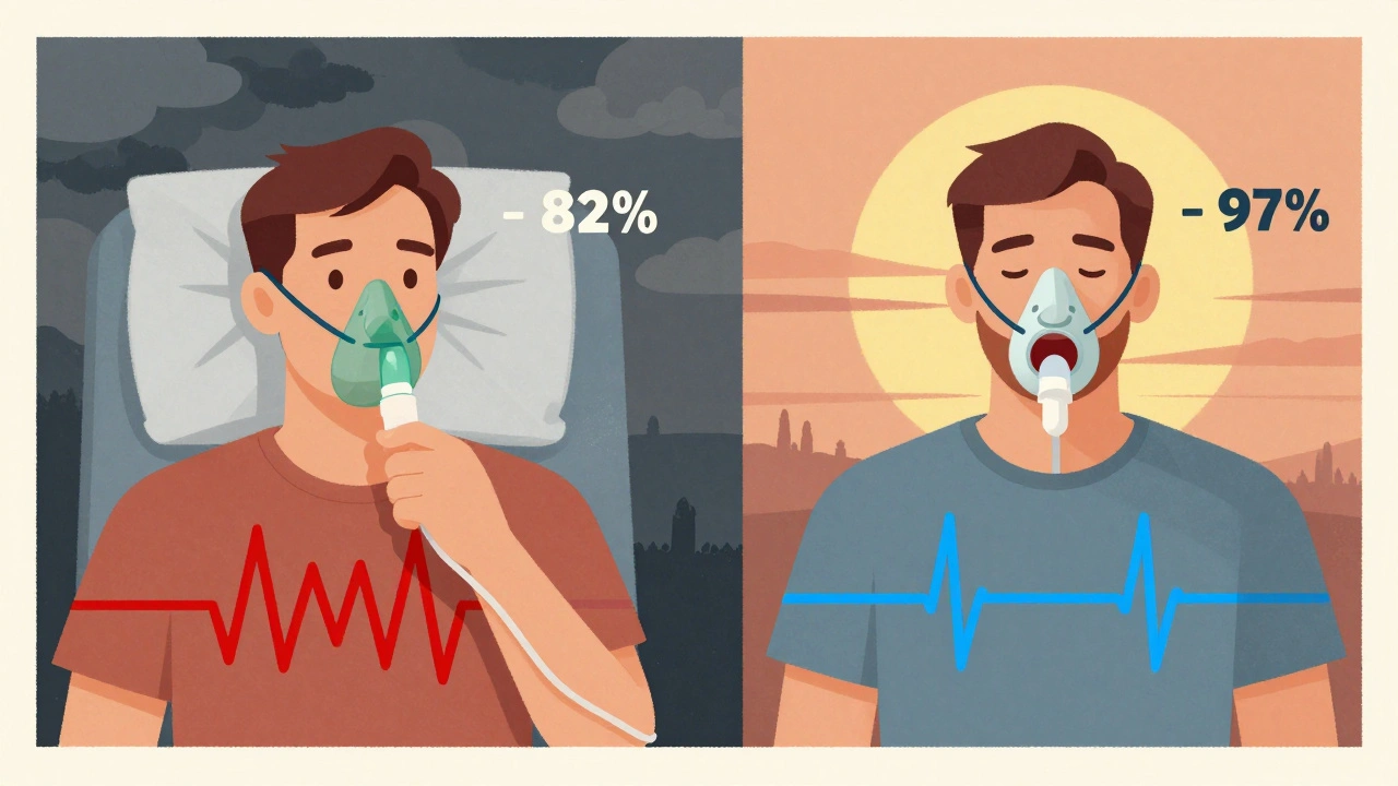 Split illustration: one patient with only oxygen (low oxygen, racing heart) vs. another with CPAP (high oxygen, calm heart), contrasting chaos and calm.