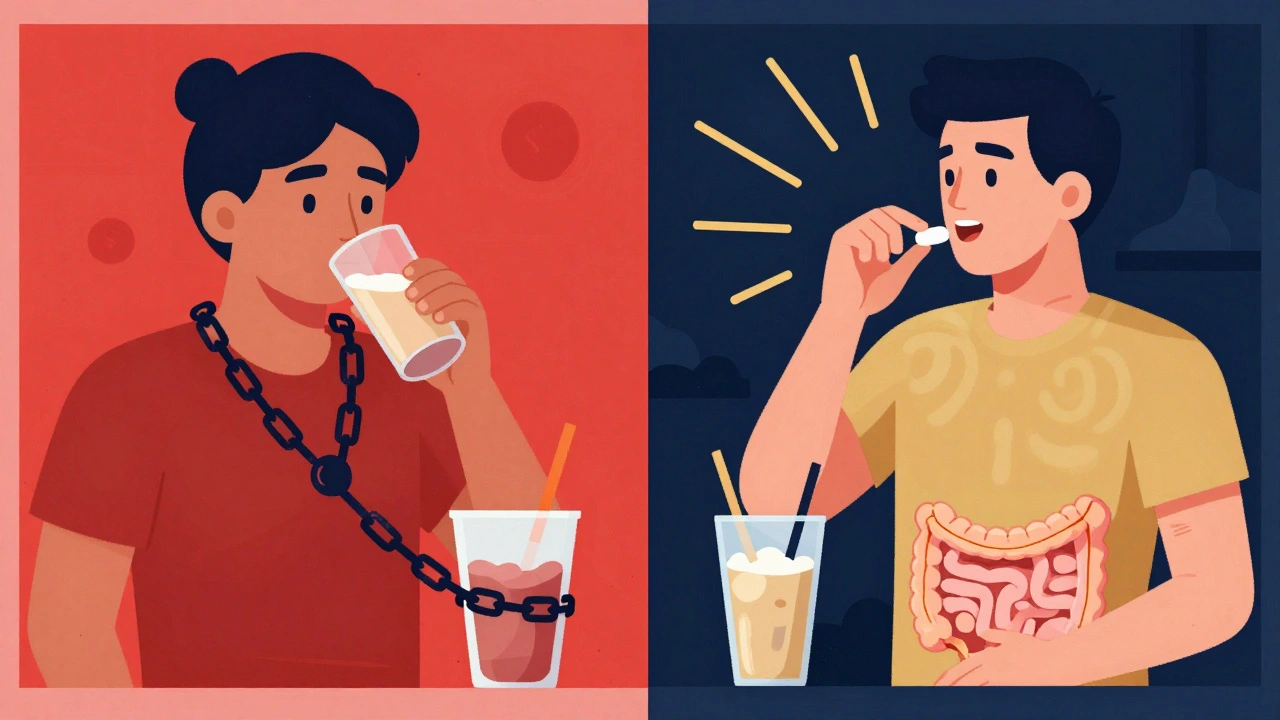 Split illustration: protein shake blocking thyroid medication vs. proper timing with sunlight
