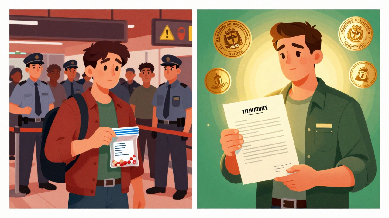 Split scene: chaotic airport security with unlabeled pills vs. calm presentation of compliant medication documentation.