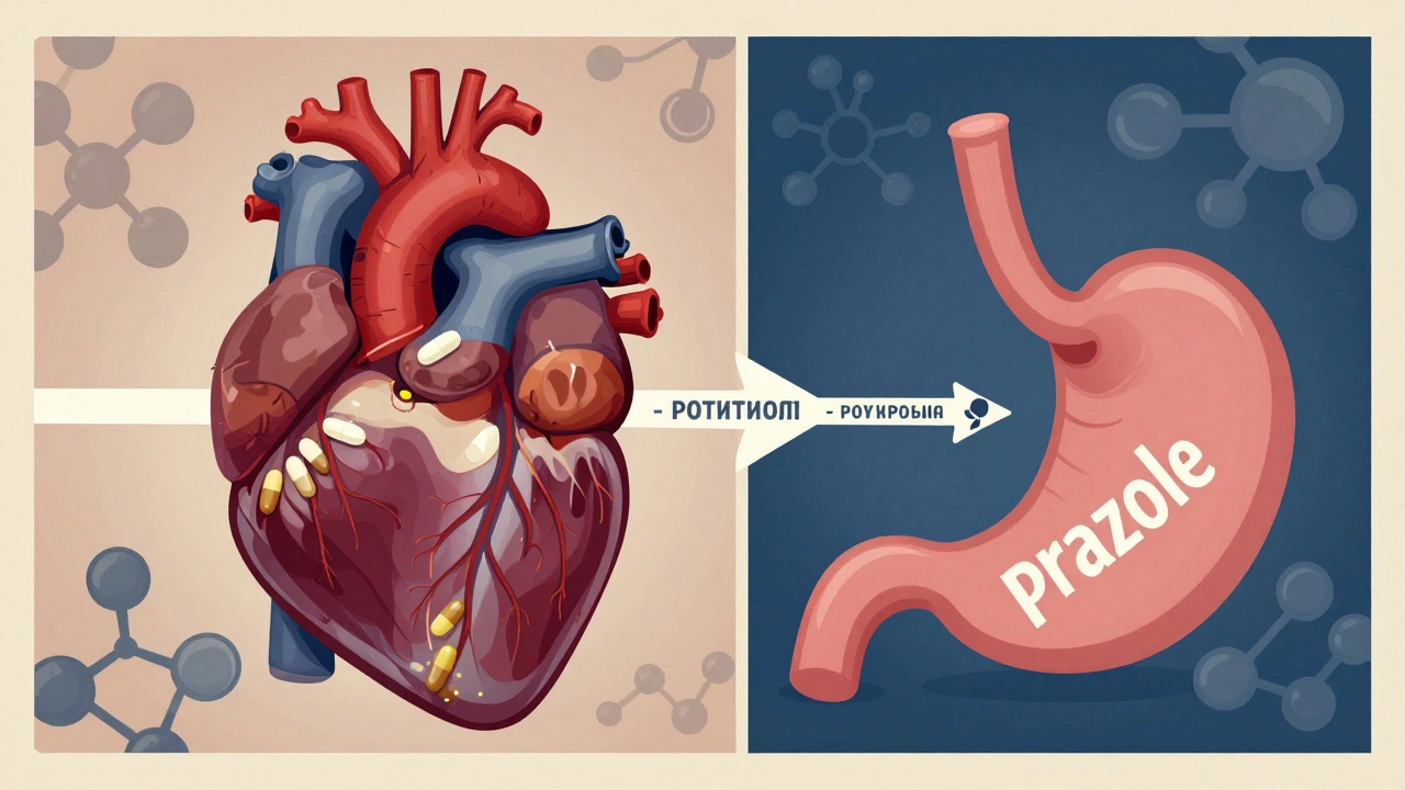 Split-screen illustration of heart and stomach being treated by stylized drug arrows with molecular patterns.