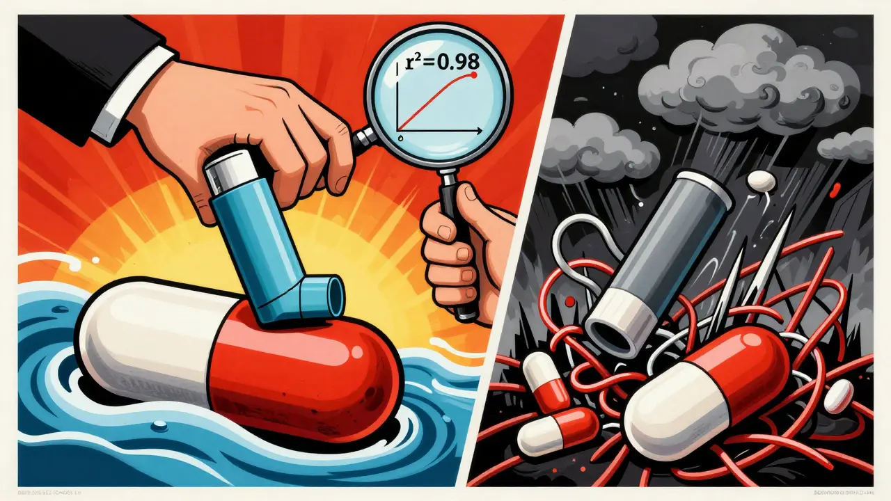 Surreal scale balancing simple tablet against complex drugs, with correlation curve visible through magnifying glass.