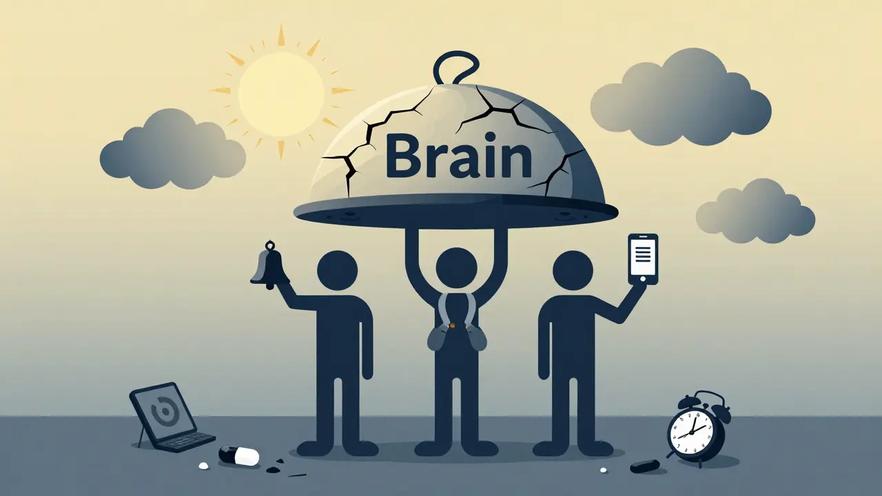 Three figures holding treatment tools under a cracked brain dome, with discarded triggers shattered below.