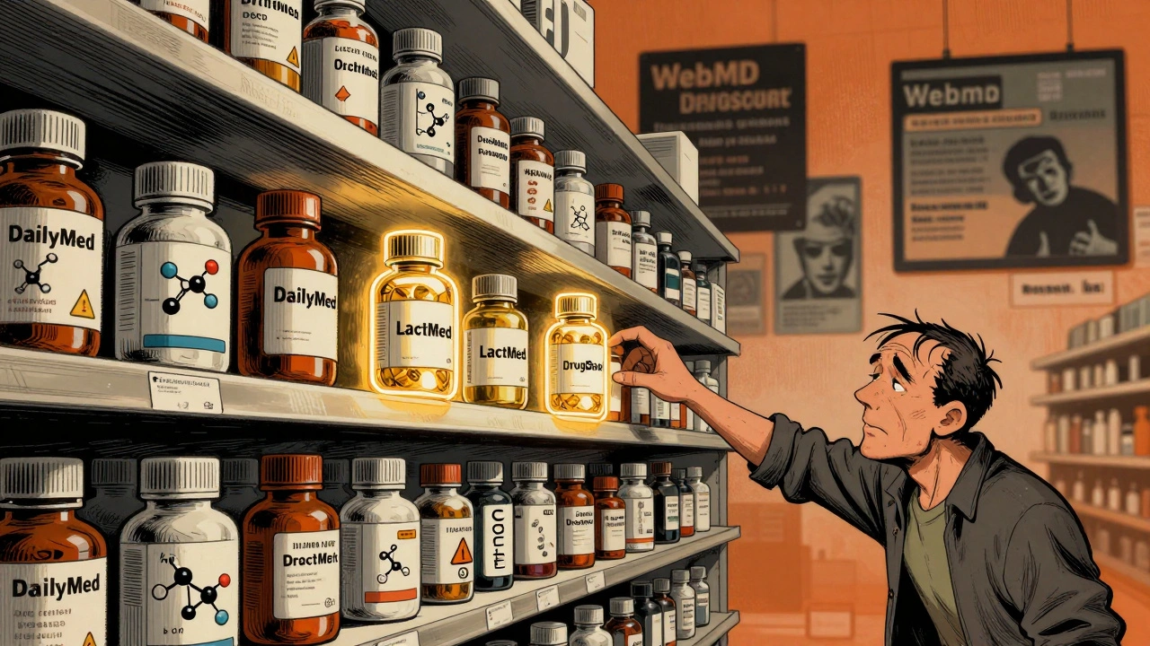 Three trusted medical resources glow on a pharmacy shelf while commercial sites fade into the background.