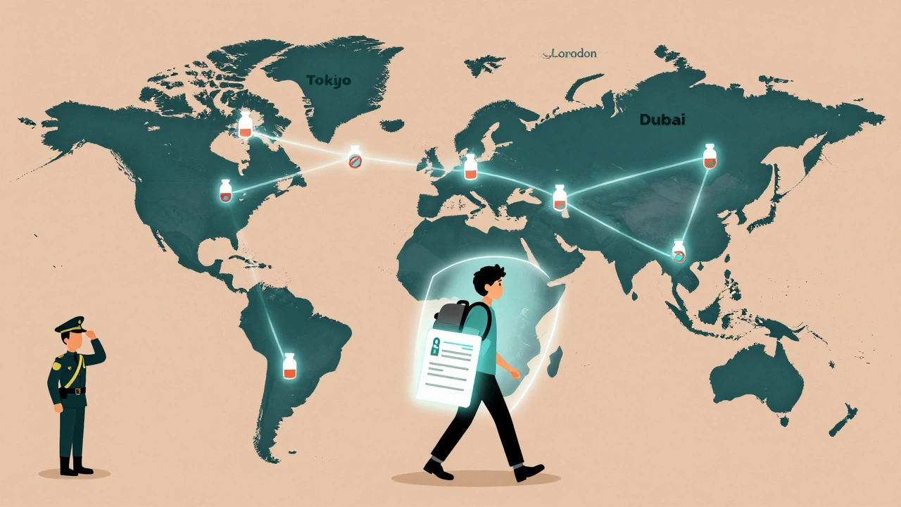 Traveler walking across a global map with protected pathways marked by pill bottles and prohibition symbols.