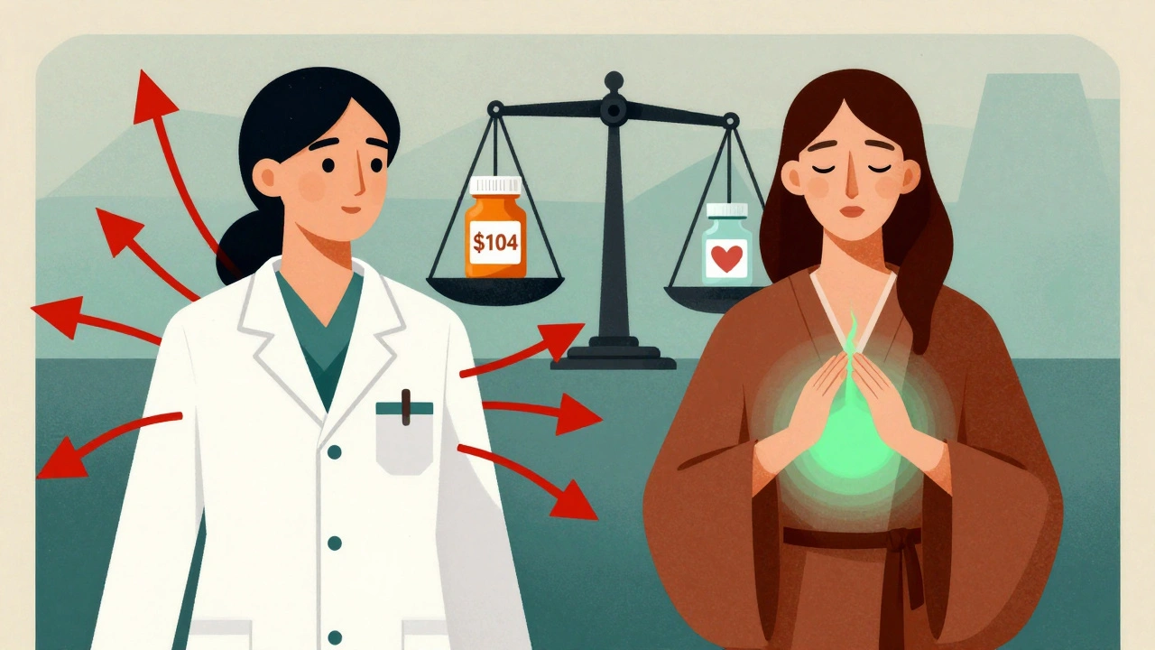 Two contrasting female figures represent metformin vs. other fertility drugs with symbolic scales and colors.