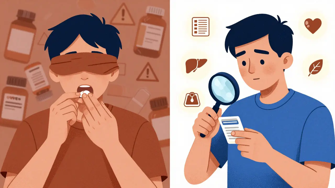 Two contrasting figures: one blindly taking pills, another carefully reading a label with floating check icons representing the 5-Point Check system.