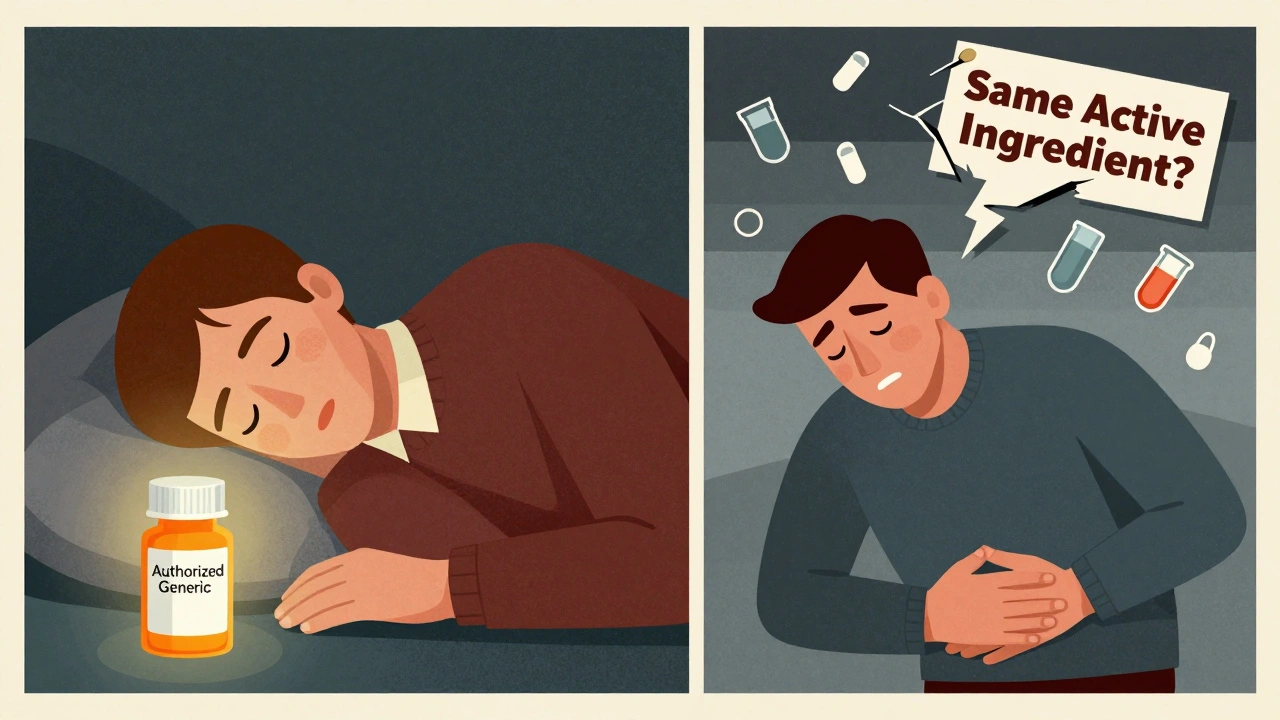Two contrasting scenes: peaceful sleep with authorized generic vs. distress with generic pill side effects.
