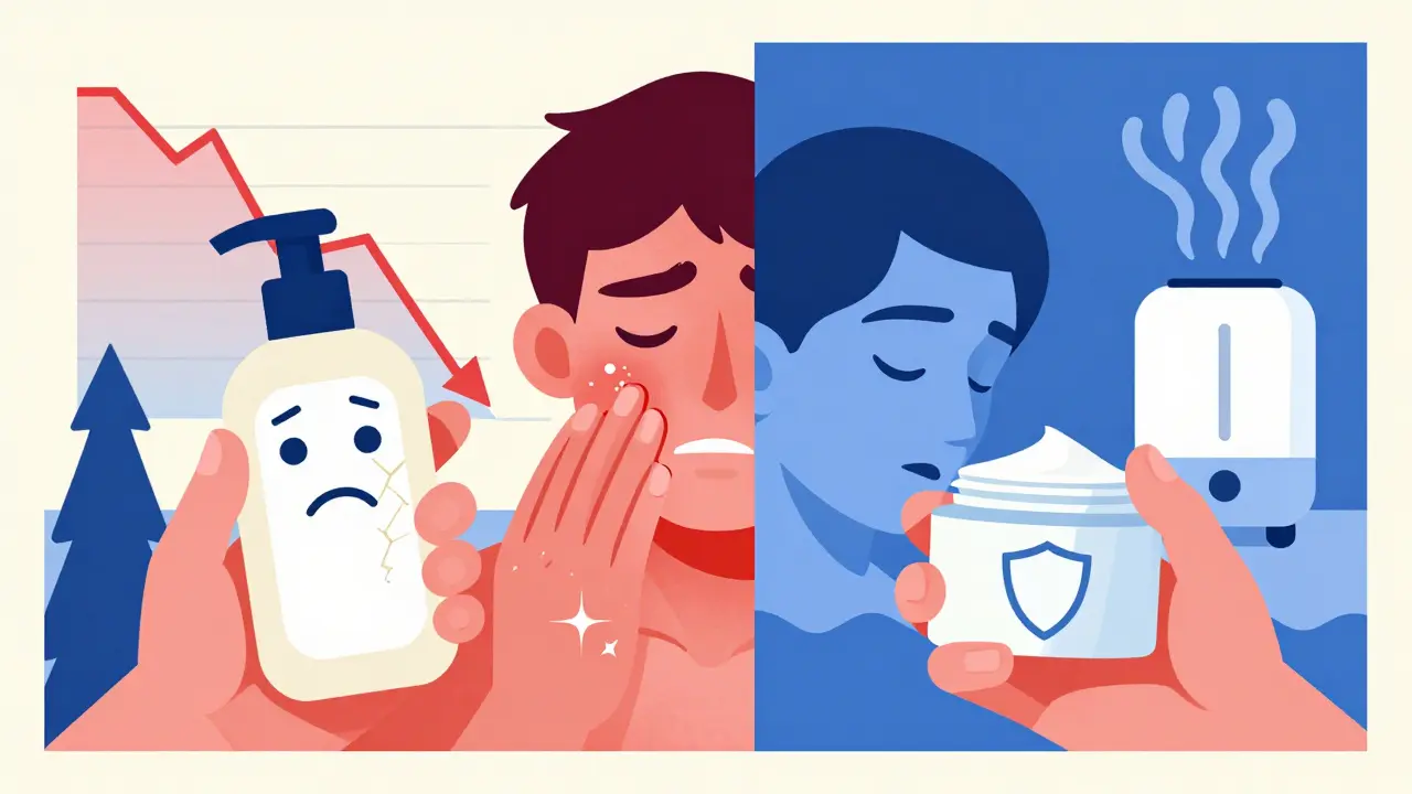 Two hands holding different moisturizers, one causing damage, the other healing, with split-screen flares and calm.