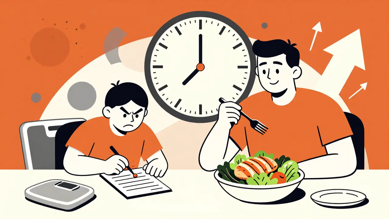 Two people at a table: one stressed over calories, the other calm with a salad, in bold geometric poster style.