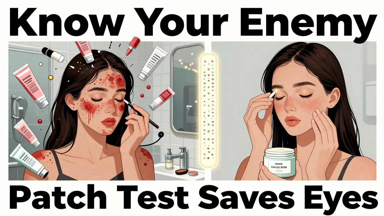 Two women: one with allergic reaction, one calm, separated by a glowing patch test strip.