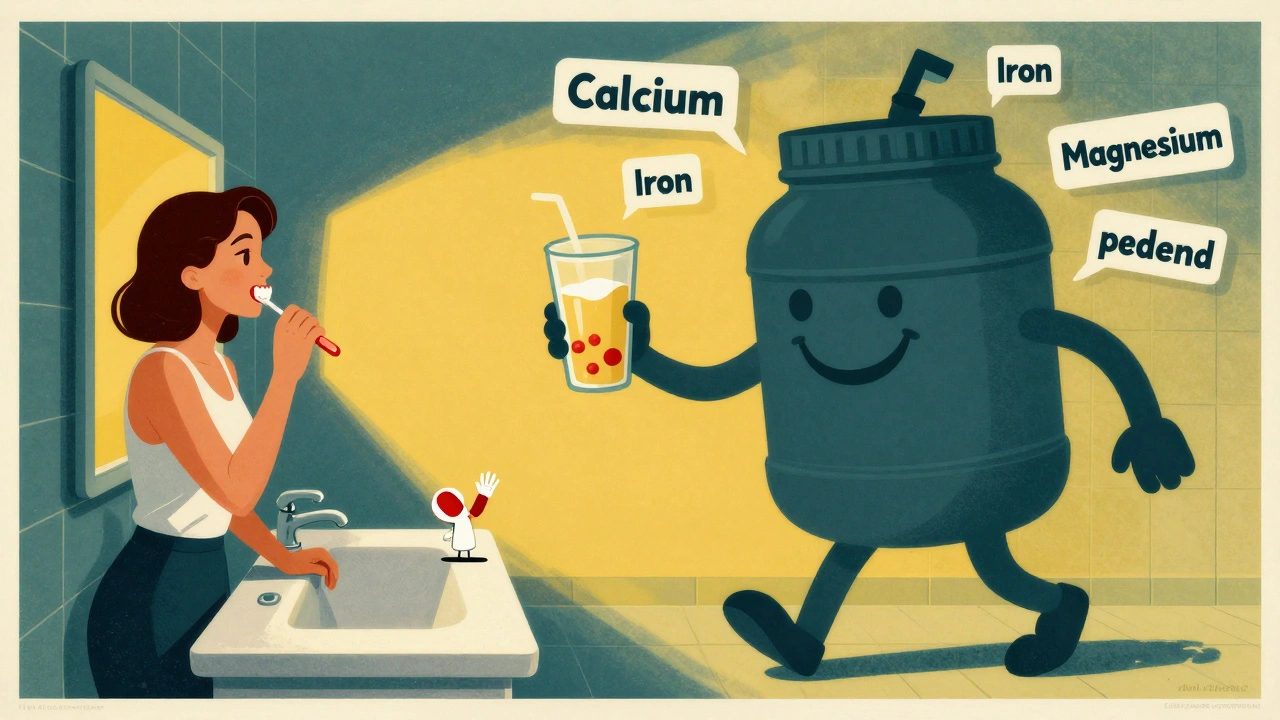 Woman&#039;s shadow shows protein shake walking away as pill waves goodbye in morning bathroom