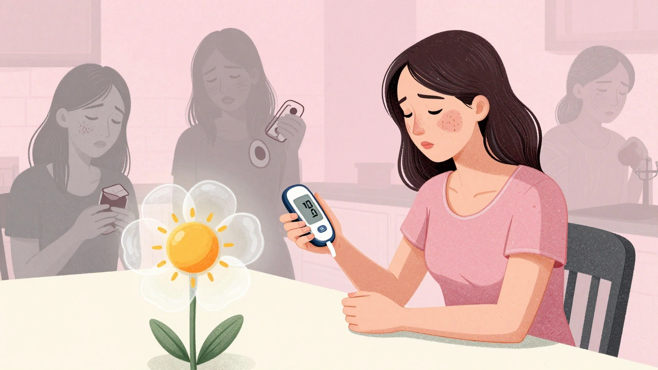 Woman at dawn with glucose monitor as past struggles fade and a blooming ovary releases a sun-shaped egg.