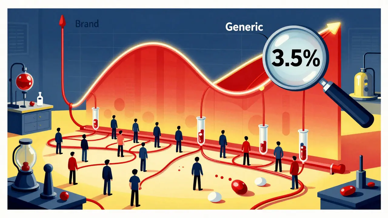 24 volunteers connected to glowing blood tubes feeding into a perfect overlapping graph of brand and generic drug levels.