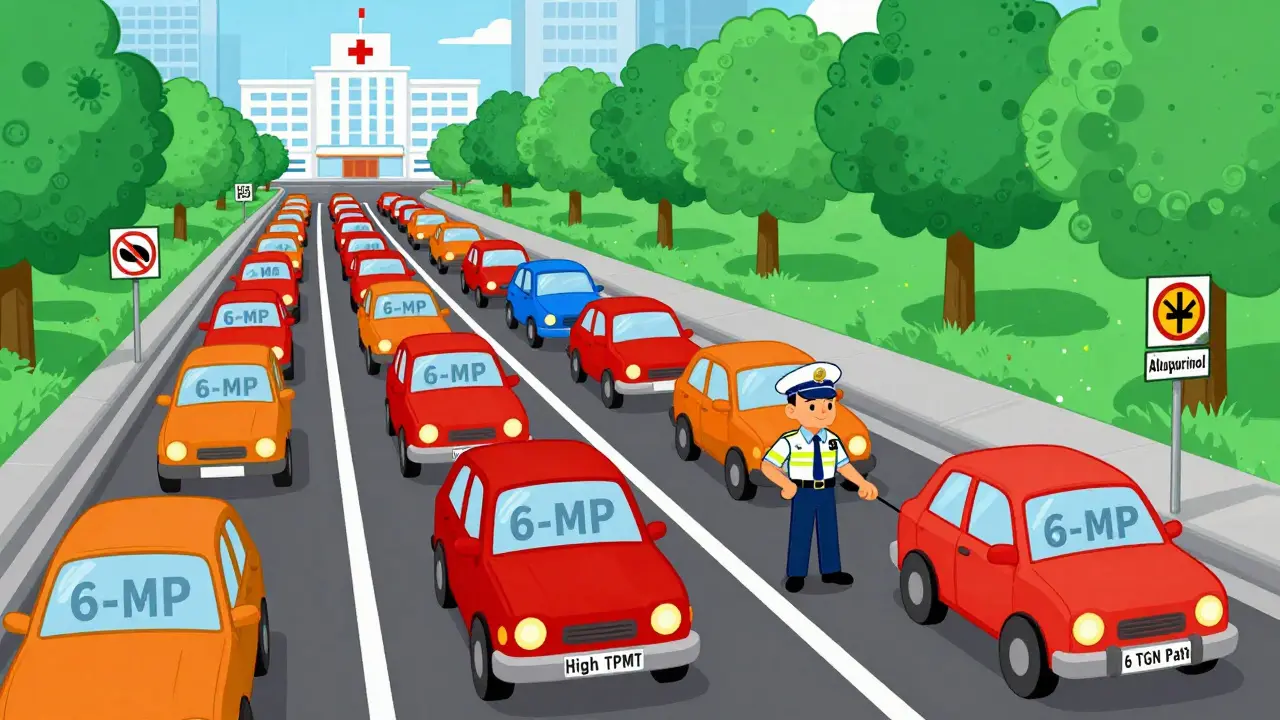 A biochemical cityscape where molecules are redirected from a traffic jam to a smooth highway by an allopurinol traffic cop.