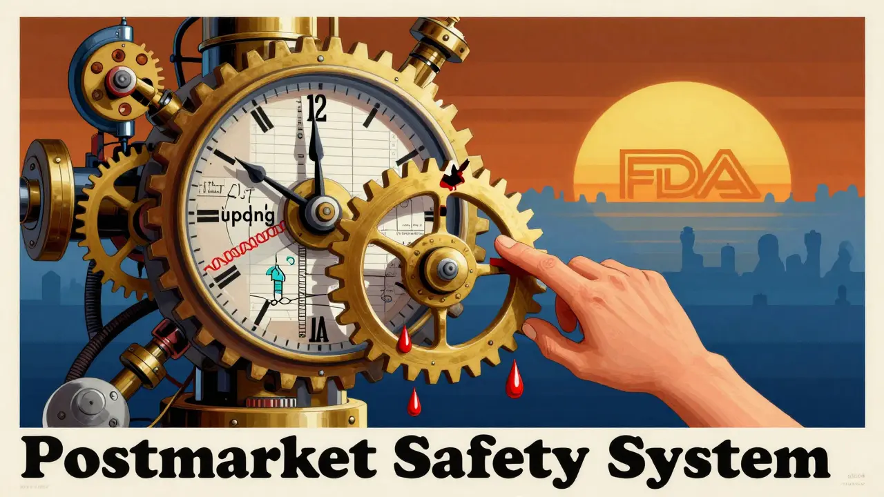 A broken clockwork machine of drug safety, with a patient's hand repairing it, in bold Polish poster art style.