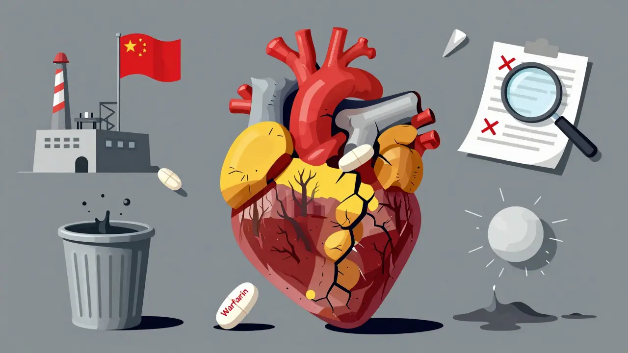 A cracking heart made of pills revealing a barren void, representing dangerous medication variability.