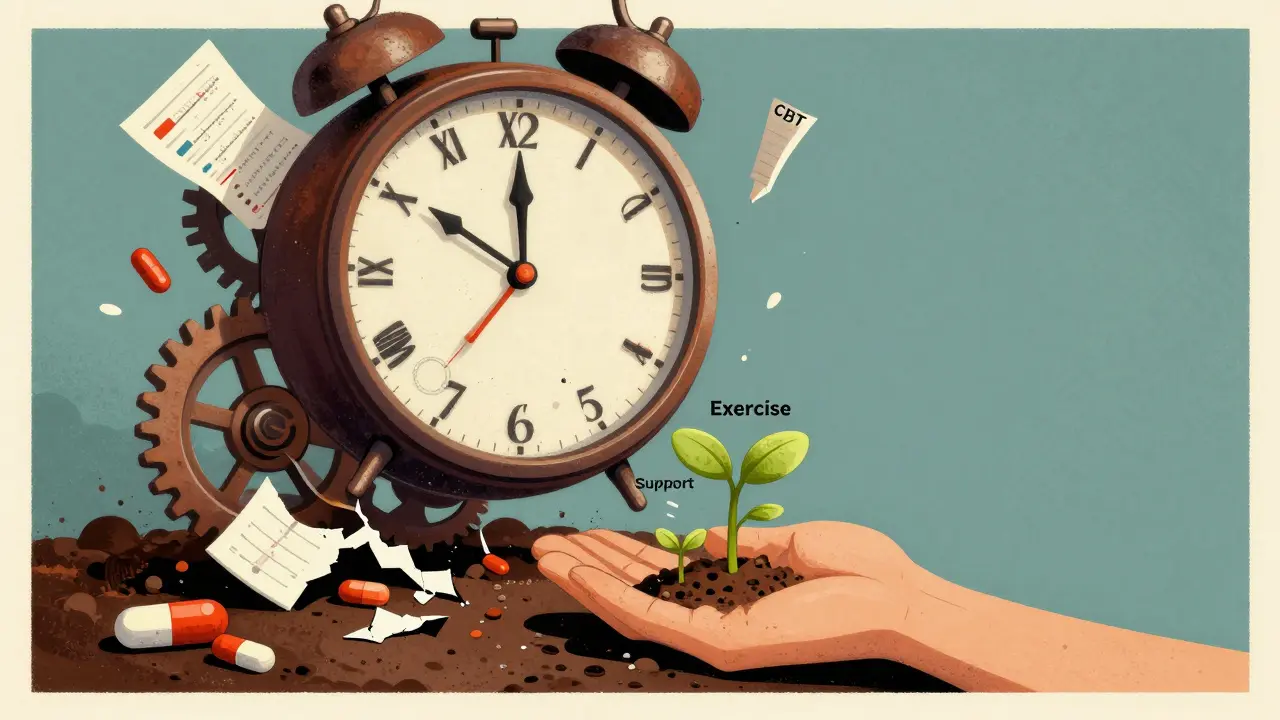 A crumbling clock made of pills and charts, with new plants growing from soil as a hand waters them.