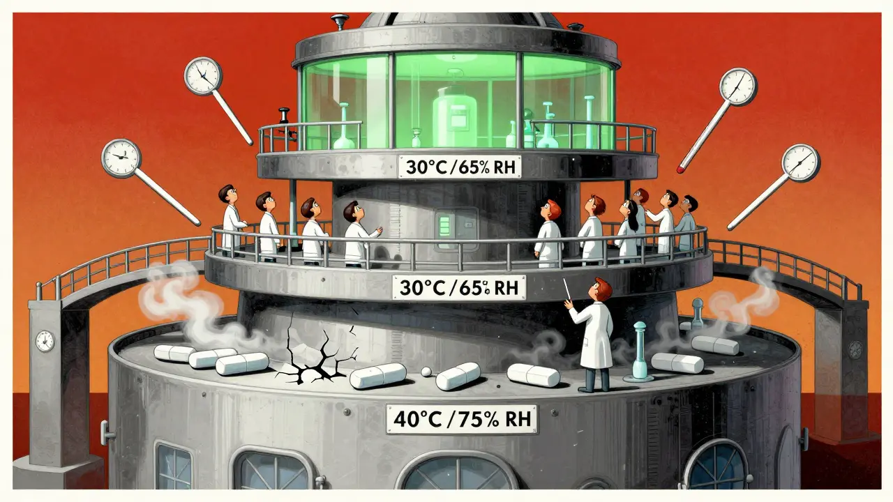 A giant climate chamber with three temperature zones, workers watching as tablets crack under stress, bold Polish poster style.