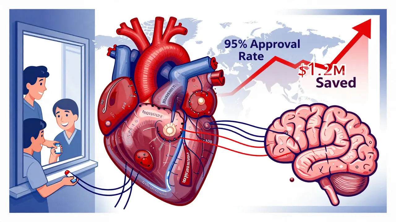 A heart made of tablets connected to data flowing into a patent-shaped brain, symbolizing science-driven drug quality.