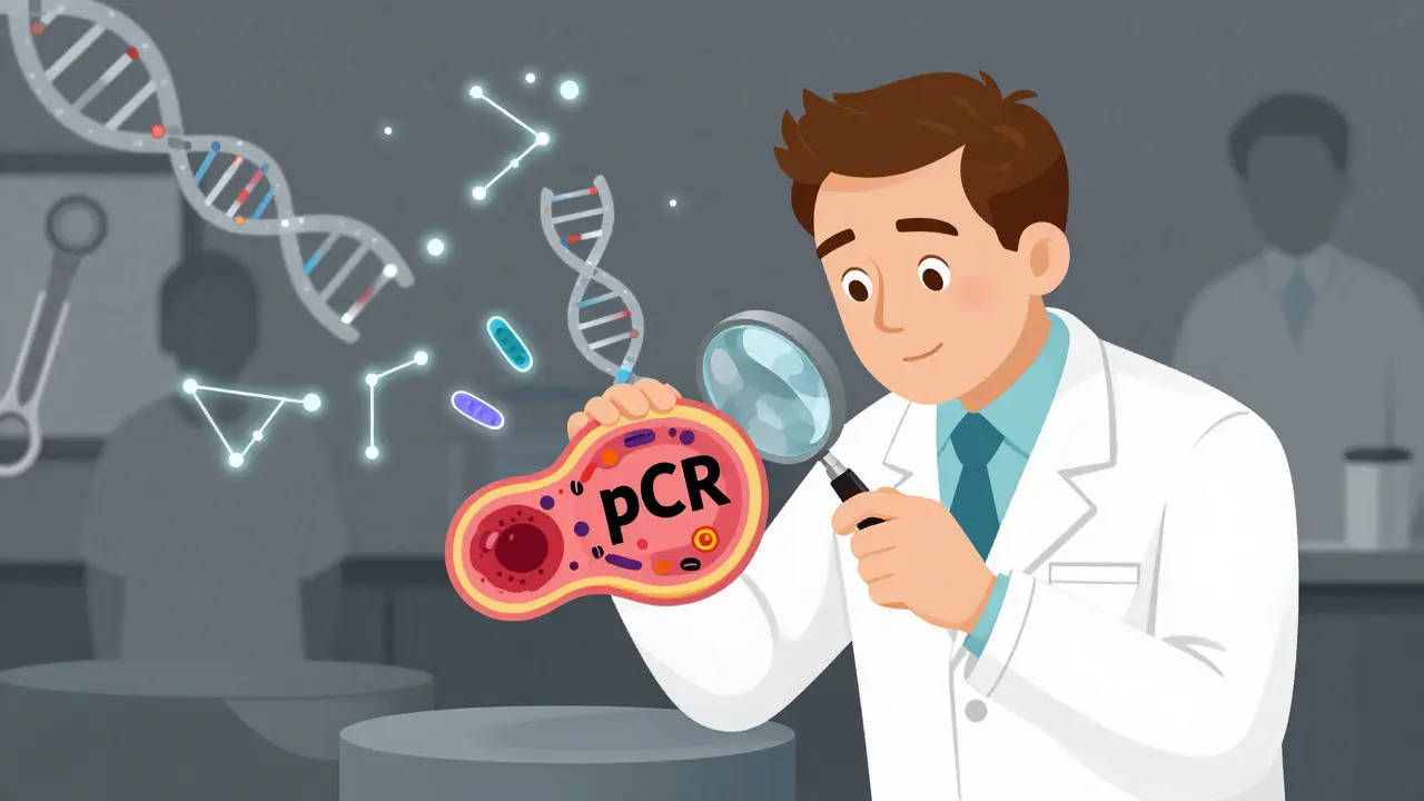 A pathologist observing a tumor with no live cancer cells, symbolizing complete response, in stylized illustration.