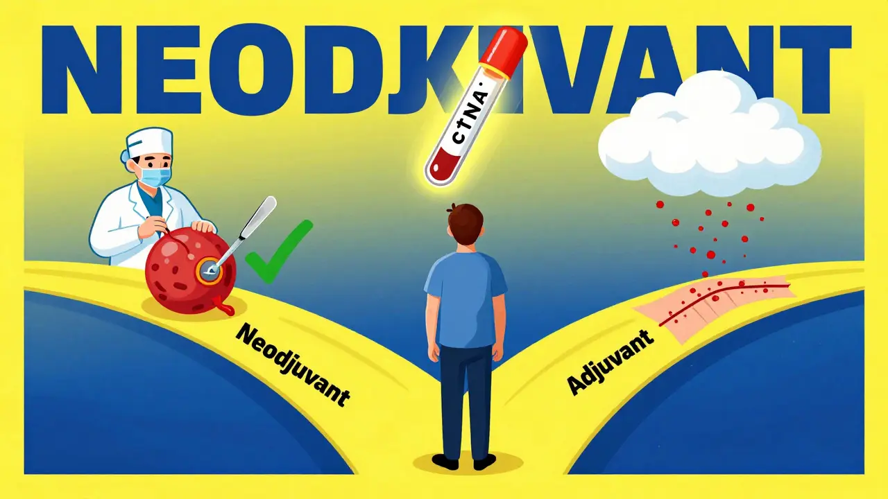 A patient choosing between pre- and post-surgery cancer treatments, guided by a glowing blood test.