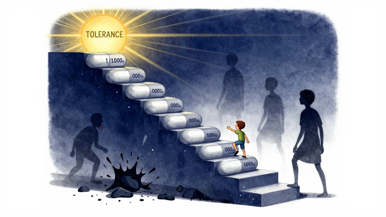 A patient climbs a pill-step staircase toward a glowing tolerance sun, while allergic reactions crumble below in Polish poster style.