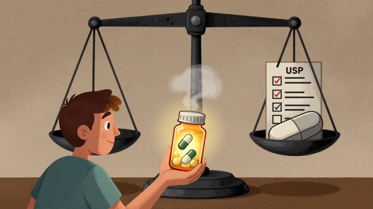 A patient holding a pill bottle, one pill releasing steady mist, the other flickering, with regulatory standards in background.