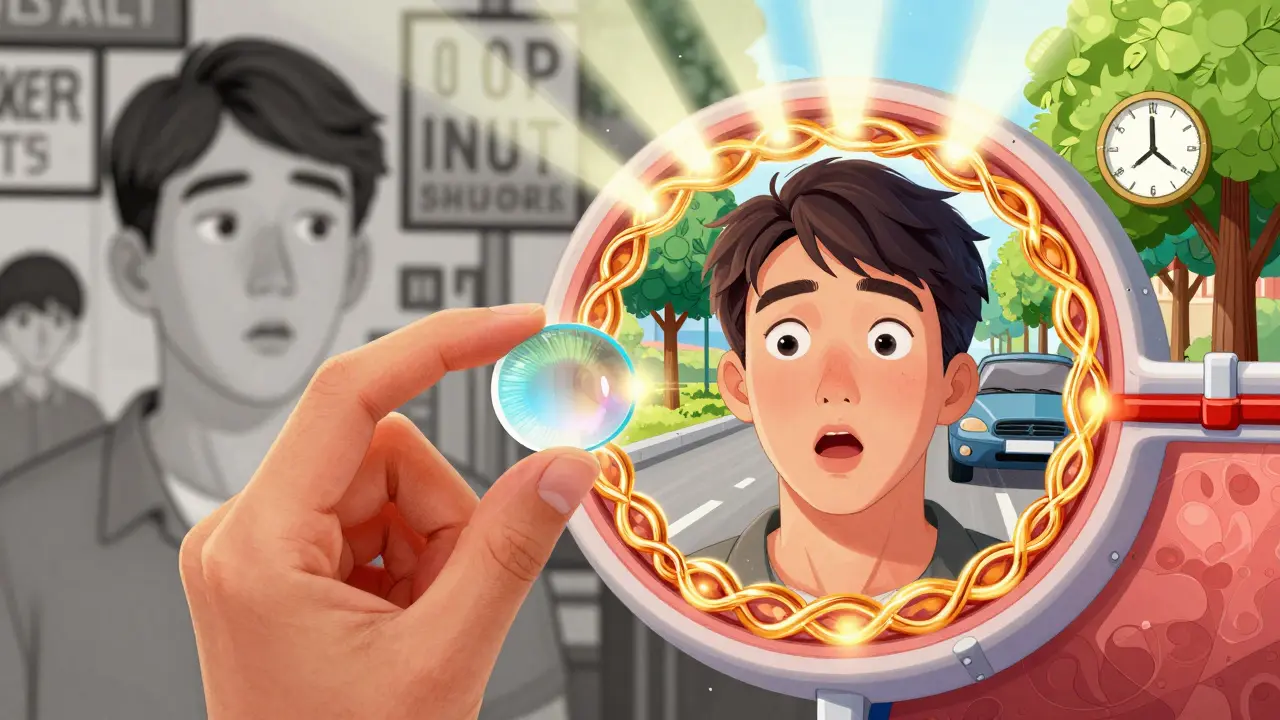 A patient holding scleral lenses, with a split background showing blurred past and vivid, clear future vision.