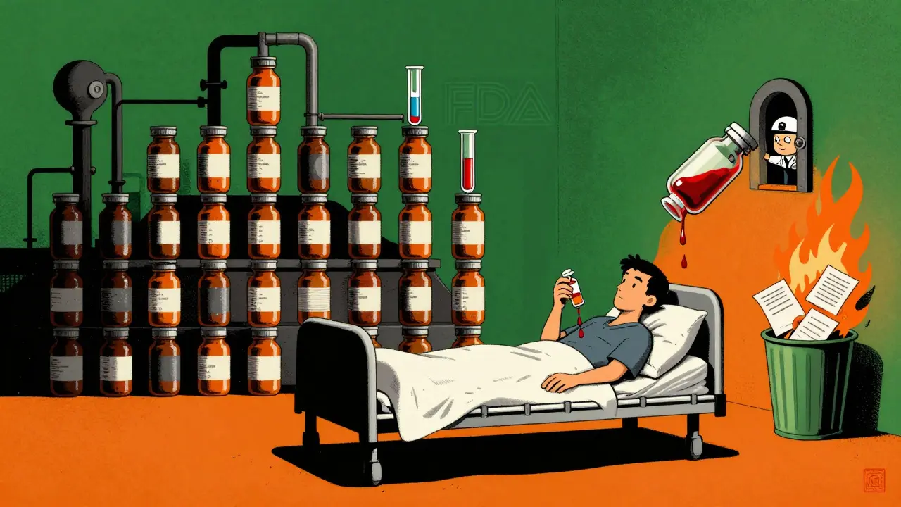 A patient with a factory-shaped shadow dripping blood, symbolizing unsafe generic drugs.