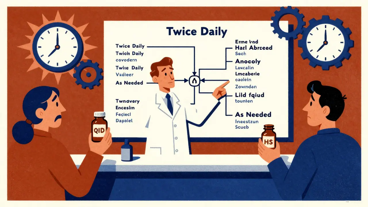 A pharmacist explaining medication abbreviations using a bold graphic flowchart, with worried patients in the background.