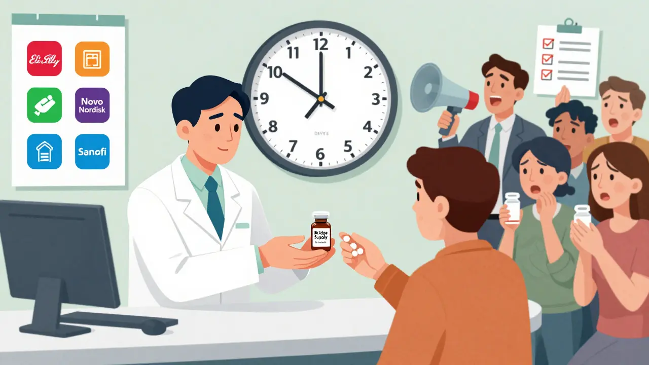 A pharmacist gives a bridge supply vial as patient assistance programs are displayed on posters behind them.