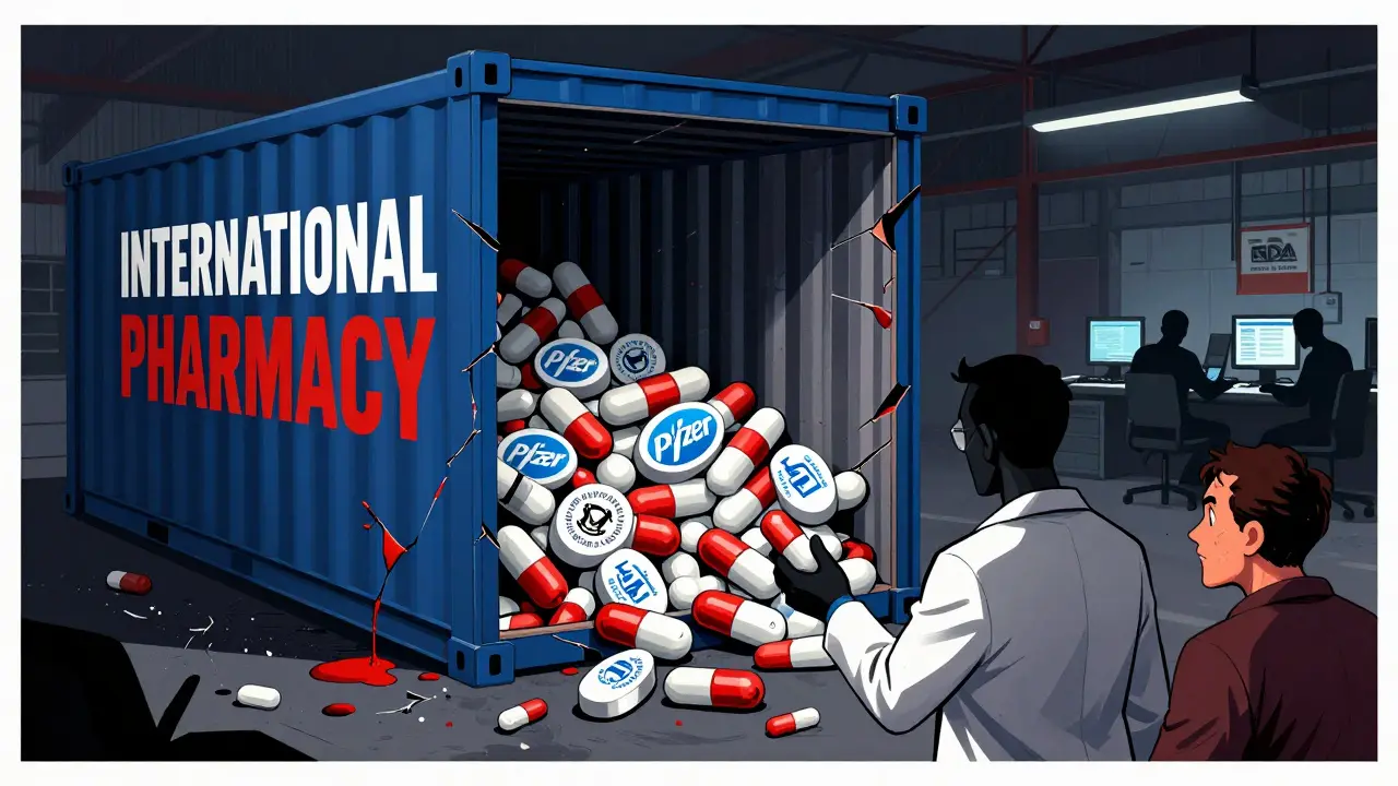 A shipping container spills millions of fake pills with fake brand logos, while a criminal hands one to a customer in a dim warehouse.