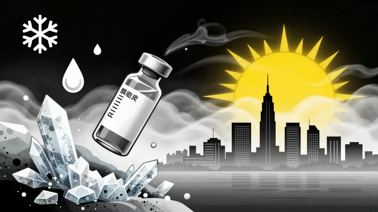 An insulin vial suspended between freezing crystals and humid heat waves, symbolic icons floating around, minimalist yet tense.