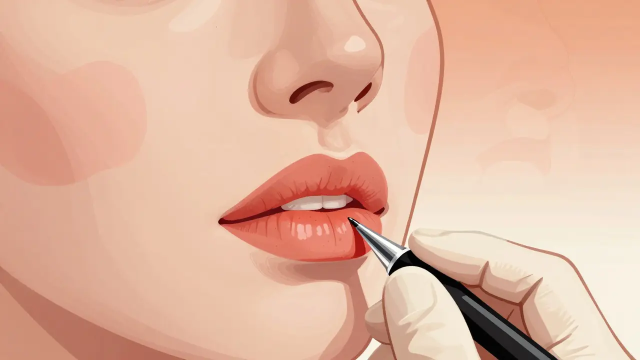 Close-up of micropigmentation being carefully applied to the lip area.