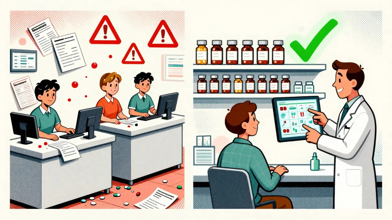 Contrast between chaotic multiple pharmacies and orderly single-pharmacy medication management with a glowing checkmark.