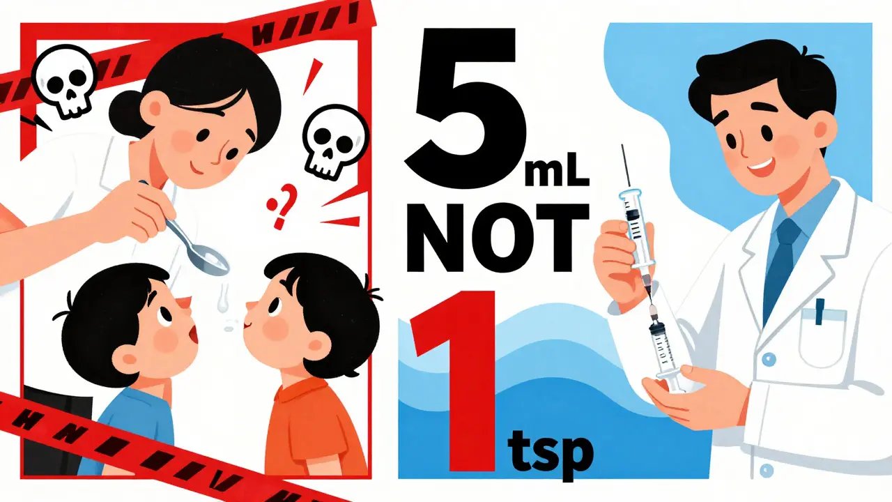 Contrasting scenes: dangerous spoon use vs. safe syringe use, with bold warning and safety symbols.
