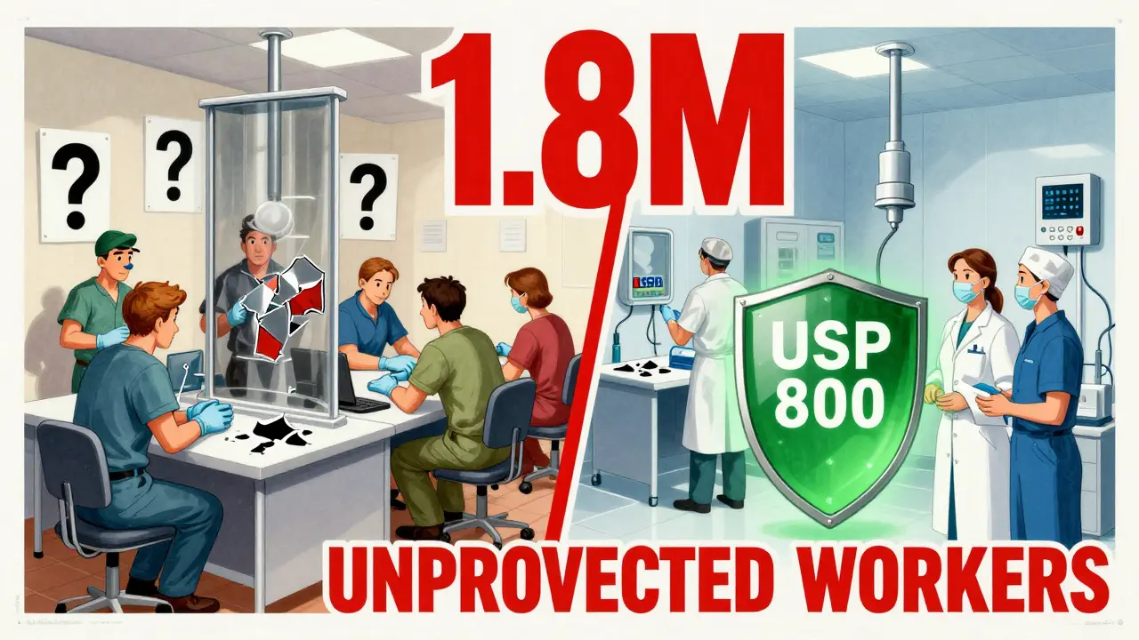 Divided workplace: unprotected workers vs. safe facility with CSTDs, marked by bold text highlighting unprotected workers.