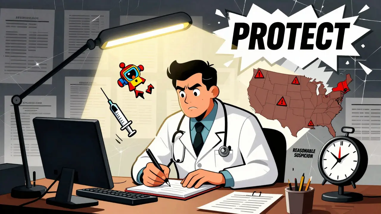 Doctor writing at a desk with floating icons of abuse, time pressure, and legal terms under flickering light.