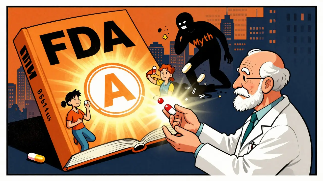 FDA Orange Book opens to reveal an 'A' rating stamp, illuminating people taking generics while myths crumble into dust.
