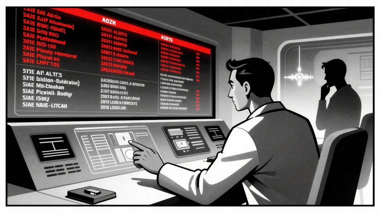 Futuristic control room with AI-classifying events, human hand hesitating, patient silhouette glowing in warning.