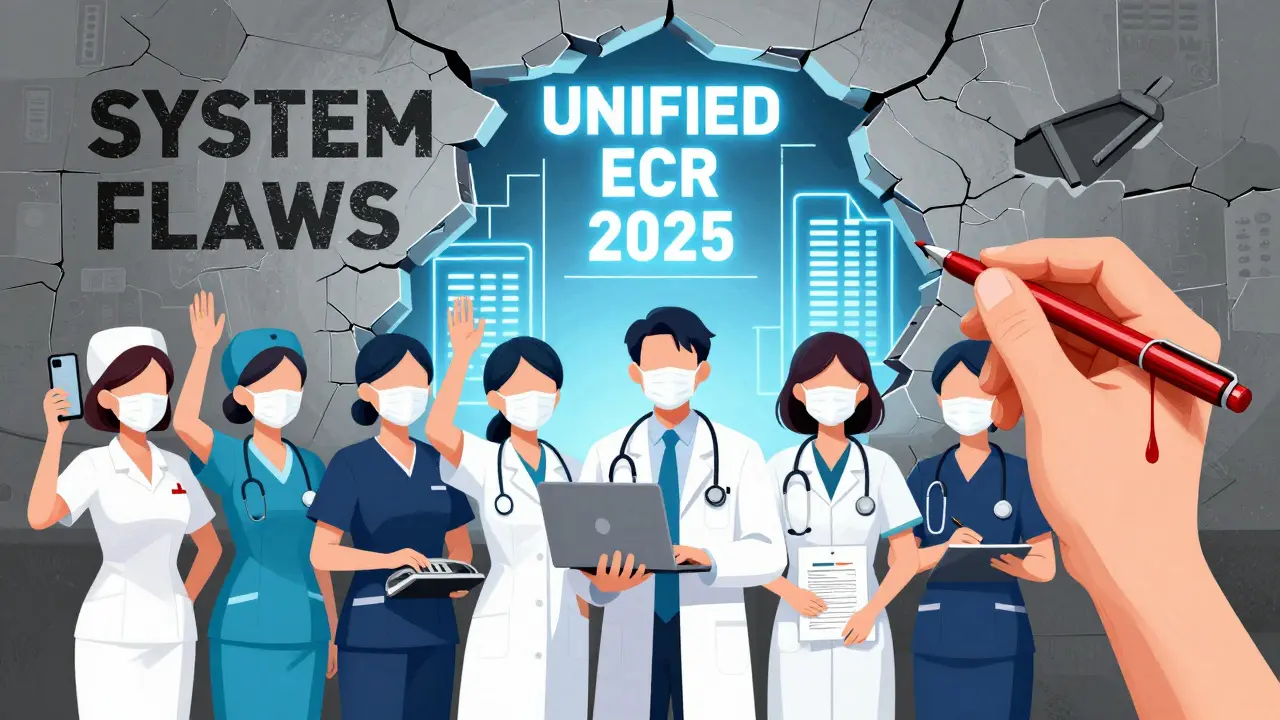 Healthcare workers united in action, replacing a crumbling system with a glowing new reporting structure.