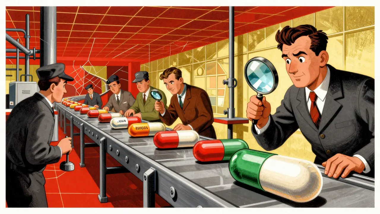 Identical pills on the same conveyor belt, labeled differently, in a retro factory setting.